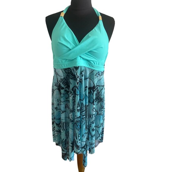 Womens Halter Neck Turquoise Butterfly Print  2 Pc Swimsuit Dress, Size XXL - Picture 1 of 16